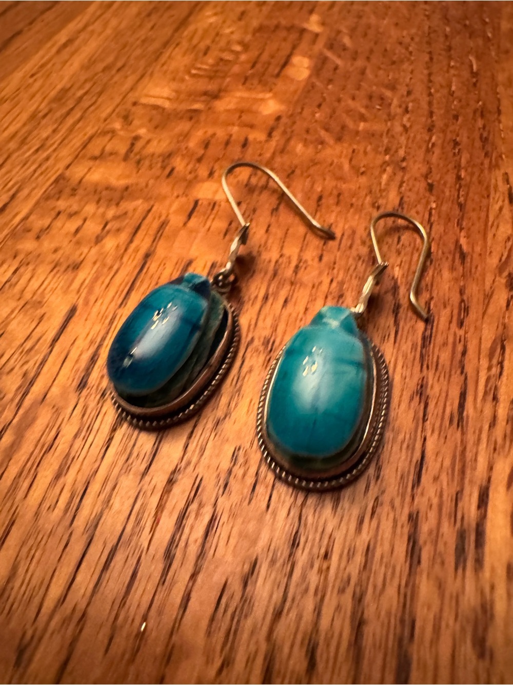 Vintage Egyptian Silver Turquoise Faience Scarab Dangle Earrings Hallmarked